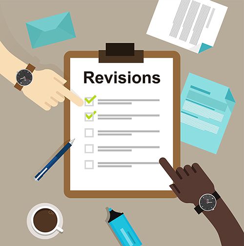 Illustration of clipboard and hands pointing to a checklist with the title "Revisions:.